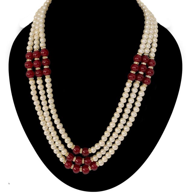 3 Line Shell Pearl & Coloured Stone Necklace (PS587)