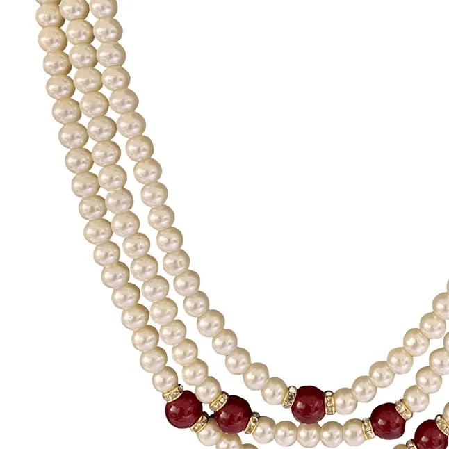 Eclipse of Elegance: Tiered Shell Pearl & Crimson Bead Cascade Necklace (PS588)