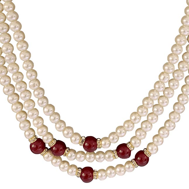Eclipse of Elegance: Tiered Shell Pearl & Crimson Bead Cascade Necklace (PS588)