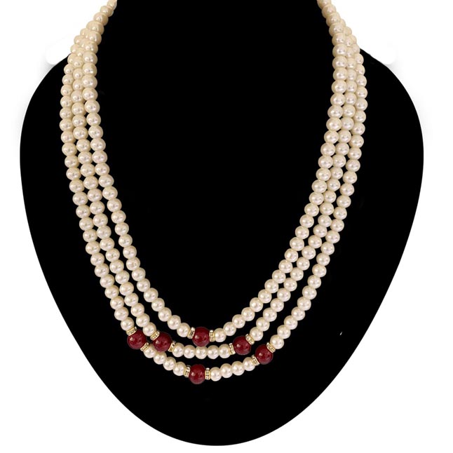 Eclipse of Elegance: Tiered Shell Pearl & Crimson Bead Cascade Necklace (PS588)