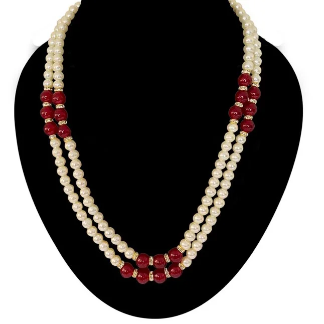 Crimson Harmony: Dual Strand Shell Pearl & Red Bead Symphony Necklace (PS589)