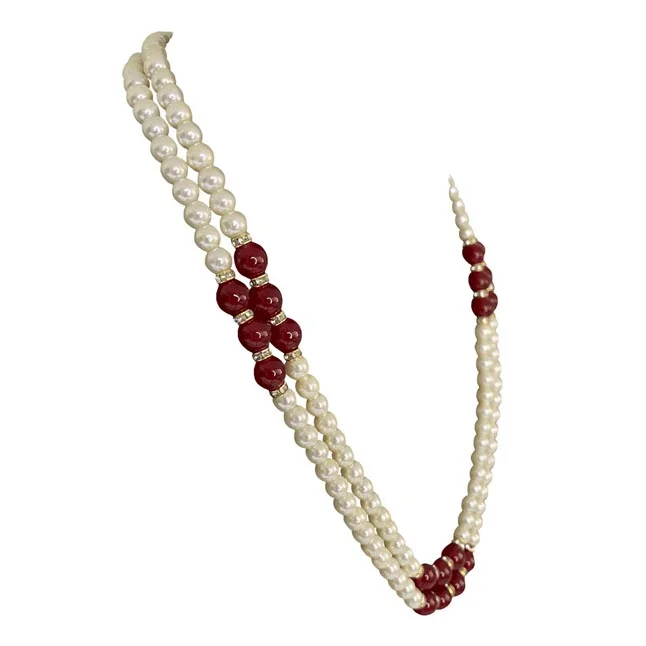 Crimson Harmony: Dual Strand Shell Pearl & Red Bead Symphony Necklace (PS589)