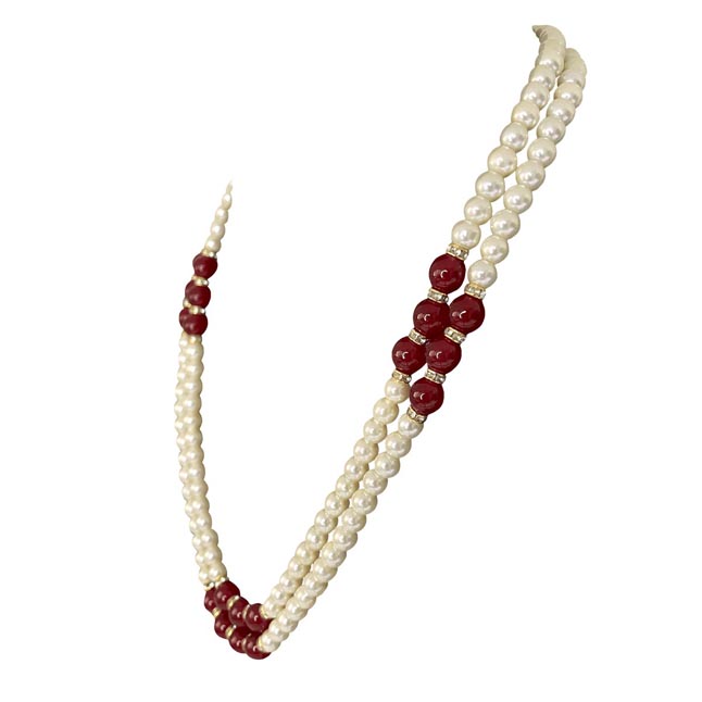 Crimson Harmony: Dual Strand Shell Pearl & Red Bead Symphony Necklace (PS589)