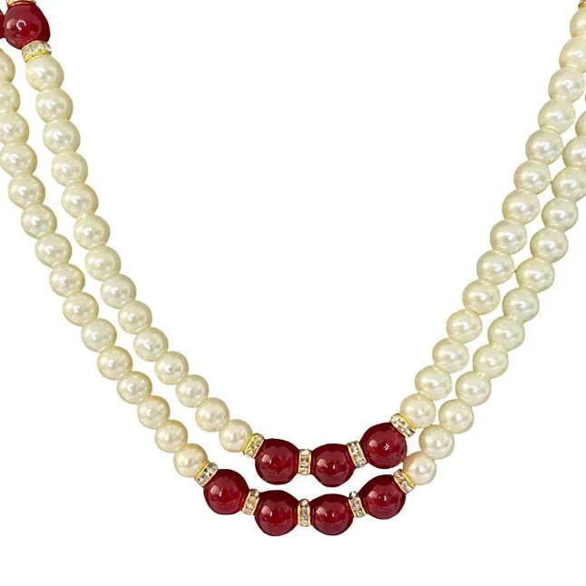 Crimson Harmony: Dual Strand Shell Pearl & Red Bead Symphony Necklace (PS589)