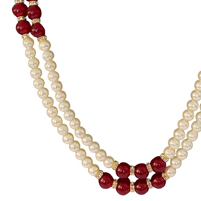 Crimson Harmony: Dual Strand Shell Pearl & Red Bead Symphony Necklace (PS589)