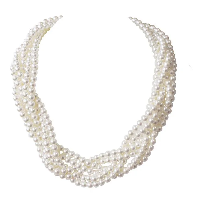 Radiant Elegance 6-Strand White Shell Pearl Necklace - 6mm Round Pearls, Twisted Rope Design, 16-Inch Length (PS590)