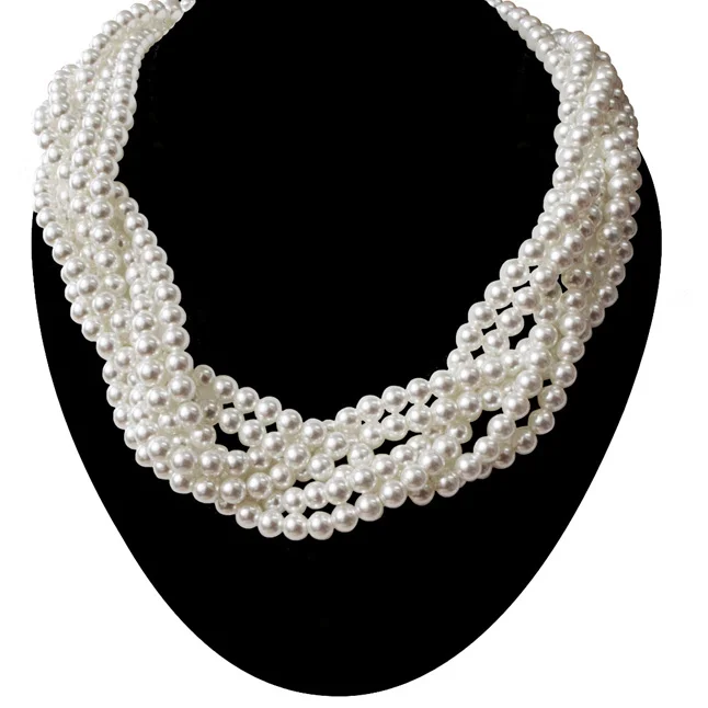 Radiant Elegance 6-Strand White Shell Pearl Necklace - 6mm Round Pearls, Twisted Rope Design, 16-Inch Length (PS590)