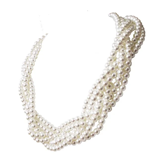 Radiant Elegance 6-Strand White Shell Pearl Necklace - 6mm Round Pearls, Twisted Rope Design, 16-Inch Length (PS590)
