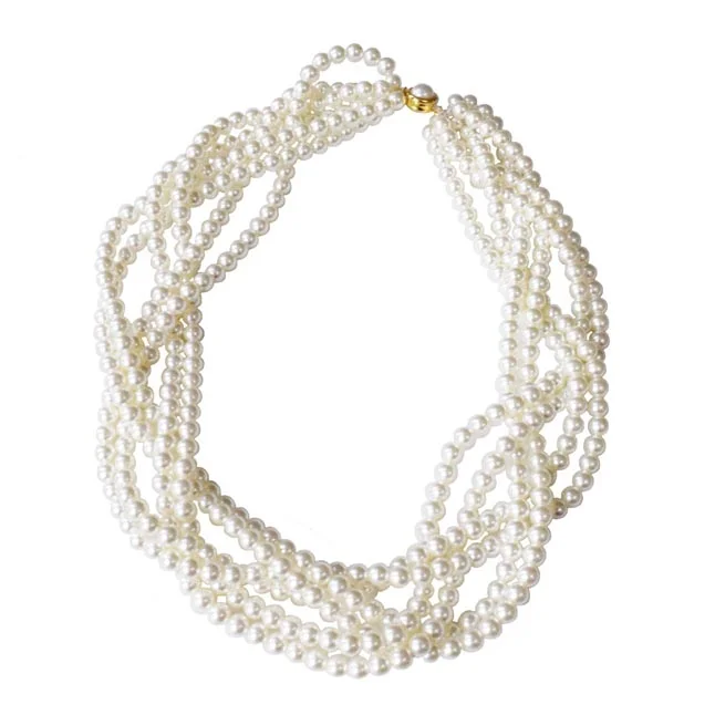 Radiant Elegance 6-Strand White Shell Pearl Necklace - 6mm Round Pearls, Twisted Rope Design, 16-Inch Length (PS590)
