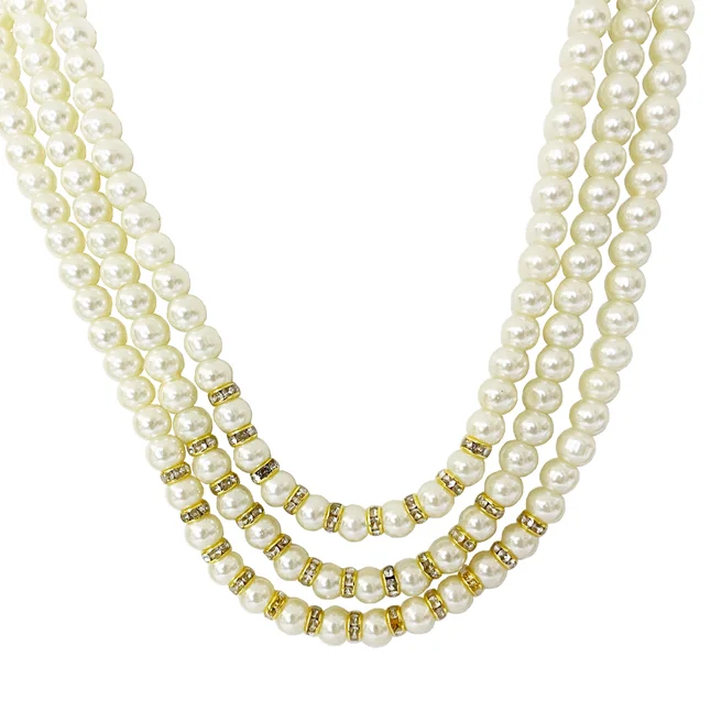 Exquisite Three-Line Shell Pearl Necklace with Gold-Plated Chakri – Elegance Redefined (PS591)