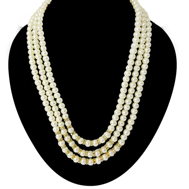 Exquisite Three-Line Shell Pearl Necklace with Gold-Plated Chakri – Elegance Redefined (PS591)