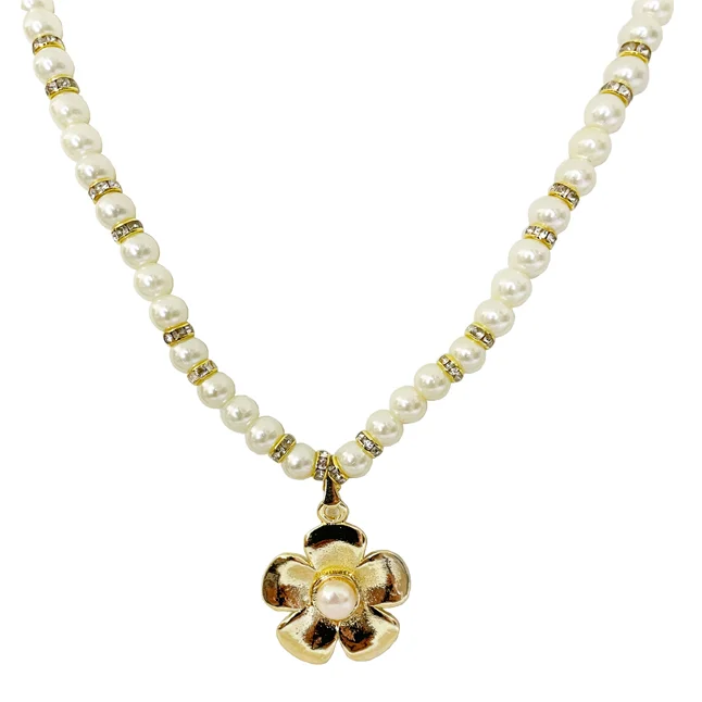 Single-Line Shell Pearl Necklace with Gold-Plated Chakri & Pendant – Graceful Elegance (PS596)