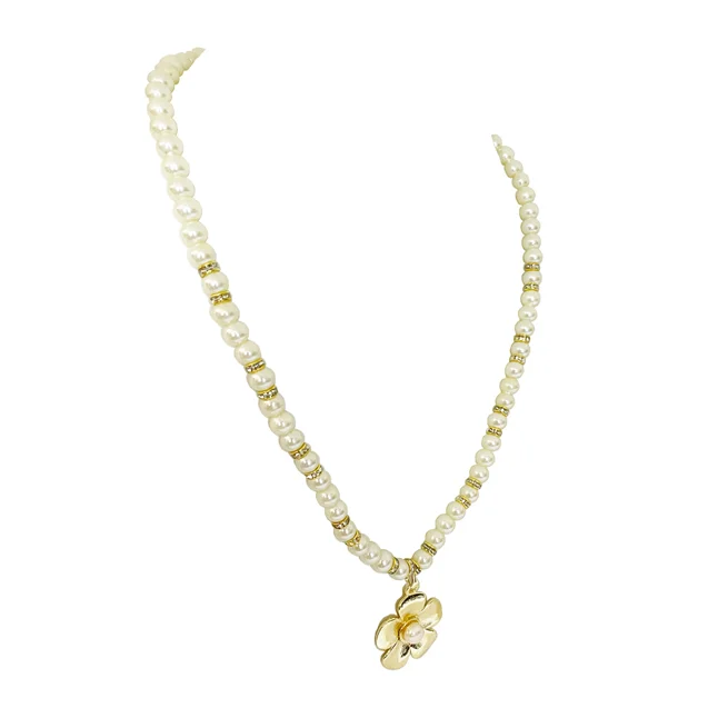 Single-Line Shell Pearl Necklace with Gold-Plated Chakri & Pendant – Graceful Elegance (PS596)