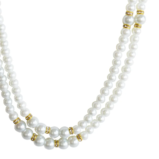 2 Line White Shell Pearl & Gold Plated Rings Necklace & Earrings (PS602)