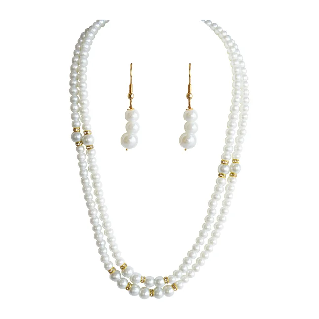 2 Line White Shell Pearl & Gold Plated Rings Necklace & Earrings (PS602)