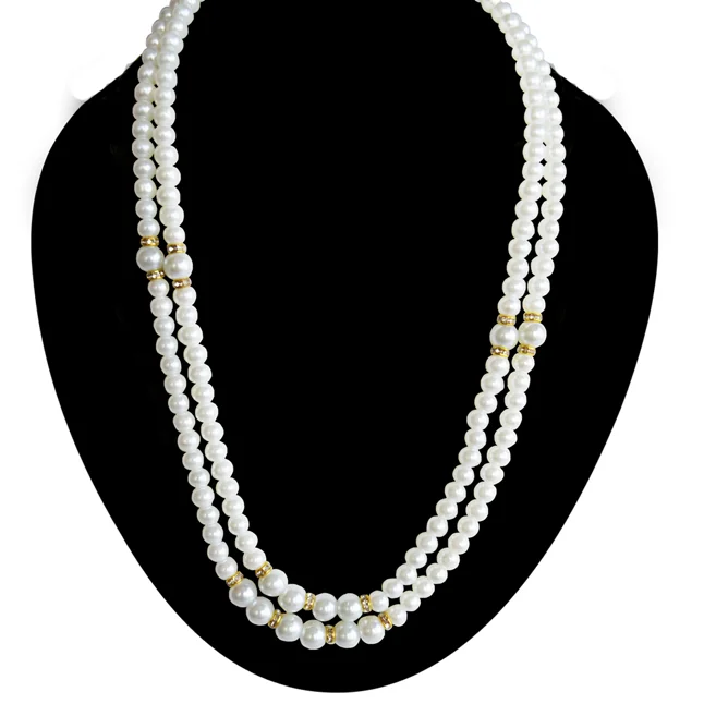 2 Line White Shell Pearl & Gold Plated Rings Necklace & Earrings (PS602)