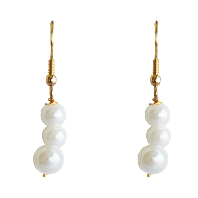 2 Line White Shell Pearl & Gold Plated Rings Necklace & Earrings (PS602)