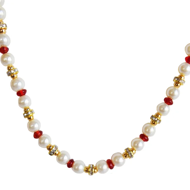 White Shell Pearl, Red Stone & Gold Plated Rings Necklace & Earrings Set (PS603)