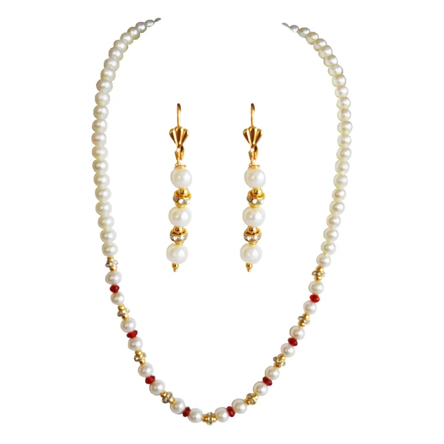 White Shell Pearl, Red Stone & Gold Plated Rings Necklace & Earrings Set (PS603)