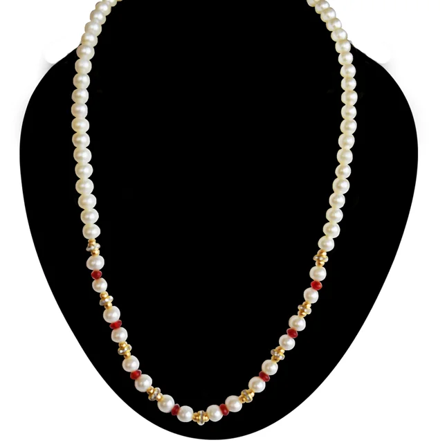 White Shell Pearl, Red Stone & Gold Plated Rings Necklace & Earrings Set (PS603)