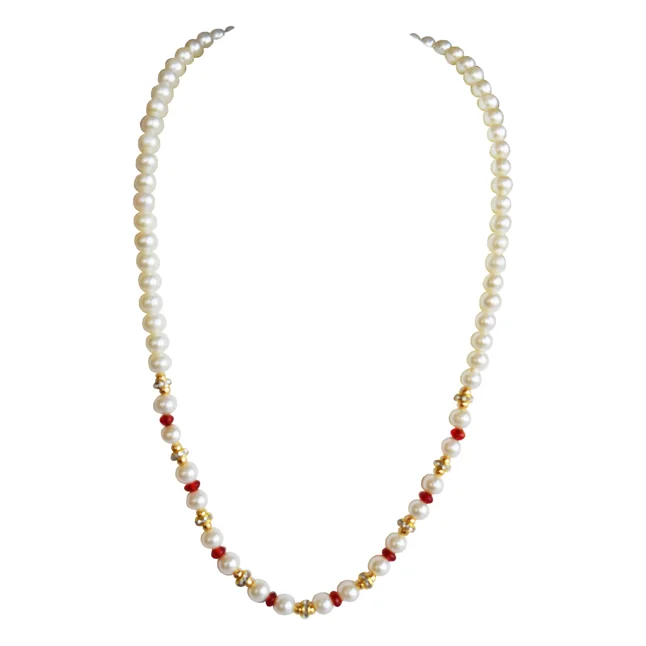 White Shell Pearl, Red Stone & Gold Plated Rings Necklace & Earrings Set (PS603)