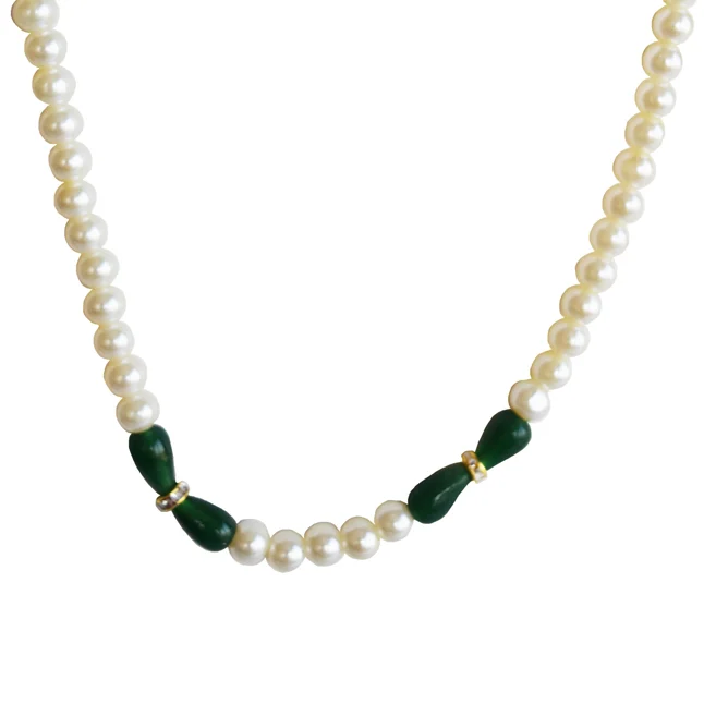 White Shell Pearl, Green Stone & Gold Plated Rings Necklace & Earrings Set (PS604)