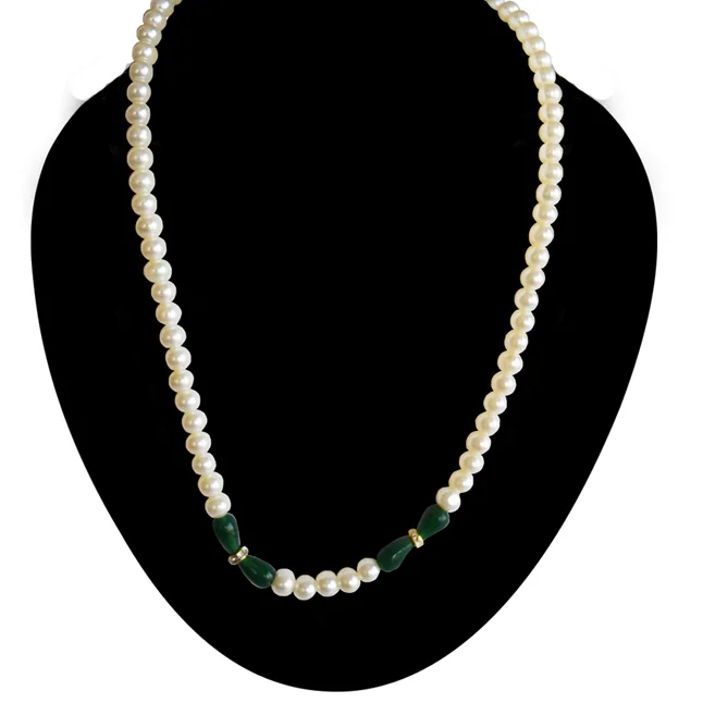 White Shell Pearl, Green Stone & Gold Plated Rings Necklace & Earrings Set (PS604)