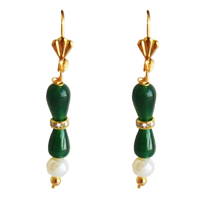 White Shell Pearl, Green Stone & Gold Plated Rings Necklace & Earrings Set (PS604)