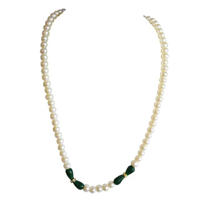 White Shell Pearl, Green Stone & Gold Plated Rings Necklace & Earrings Set (PS604)