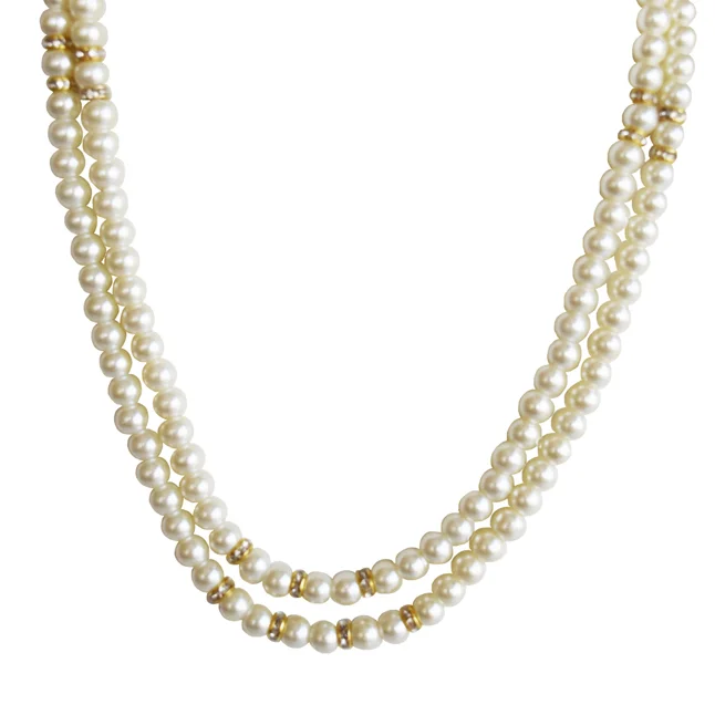 2 Line White Shell Pearl & Gold Plated Rings Necklace & Earrings Set (PS605)