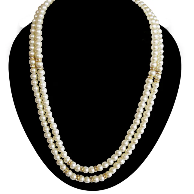 2 Line White Shell Pearl & Gold Plated Rings Necklace & Earrings Set (PS605)