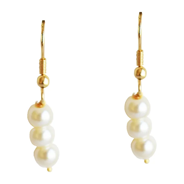 2 Line White Shell Pearl & Gold Plated Rings Necklace & Earrings Set (PS605)