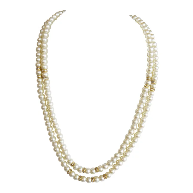 2 Line White Shell Pearl & Gold Plated Rings Necklace & Earrings Set (PS605)