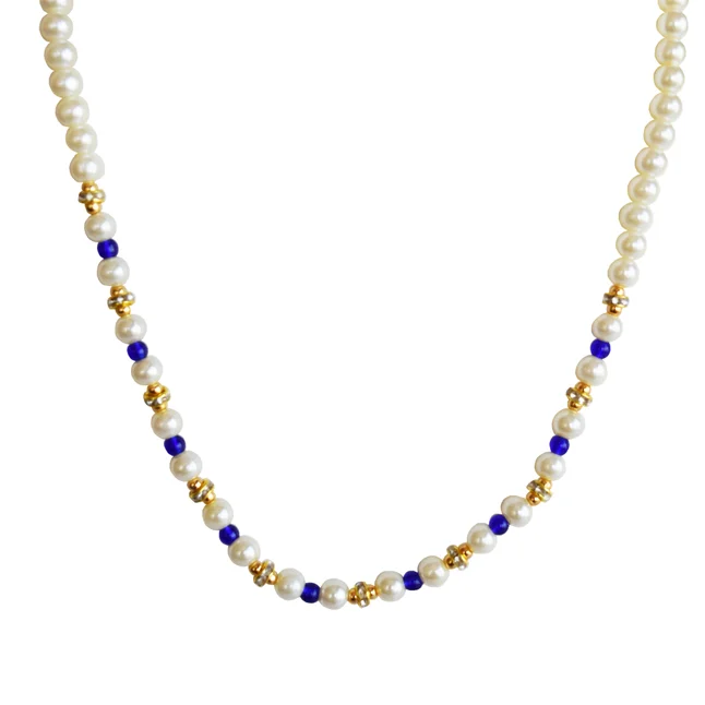 White Shell Pearl, Blue Stone & Gold Plated Rings Necklace & Earrings Set (PS606)