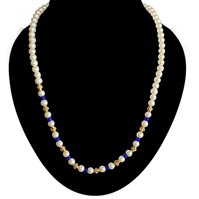 White Shell Pearl, Blue Stone & Gold Plated Rings Necklace & Earrings Set (PS606)