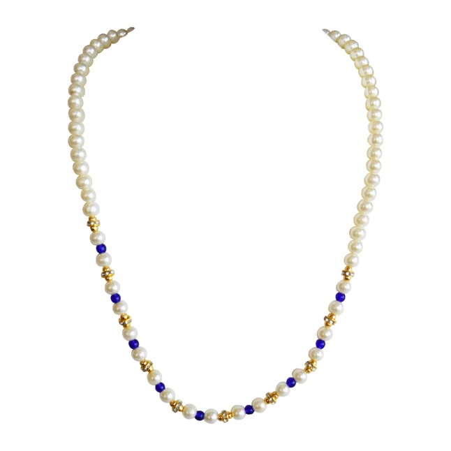 White Shell Pearl, Blue Stone & Gold Plated Rings Necklace & Earrings Set (PS606)