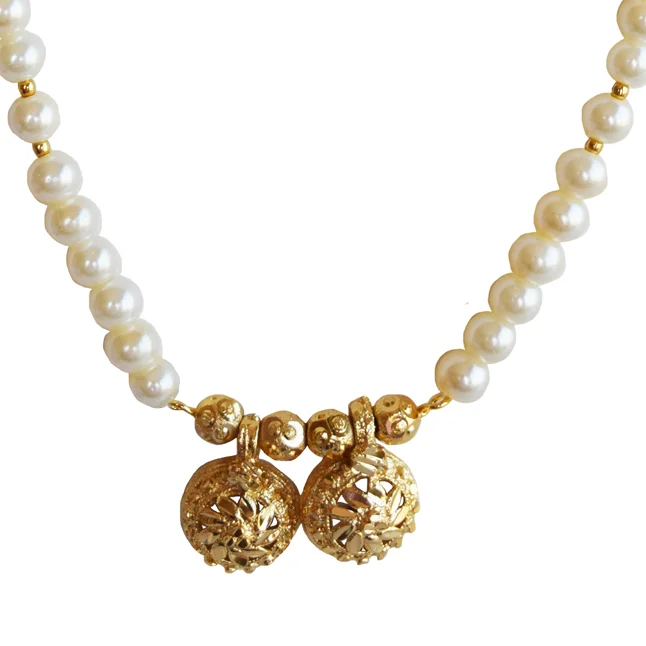 Gold Plated Vati Shaped Pendant with Single Line Shell Pearl Necklace for Women (PS609)