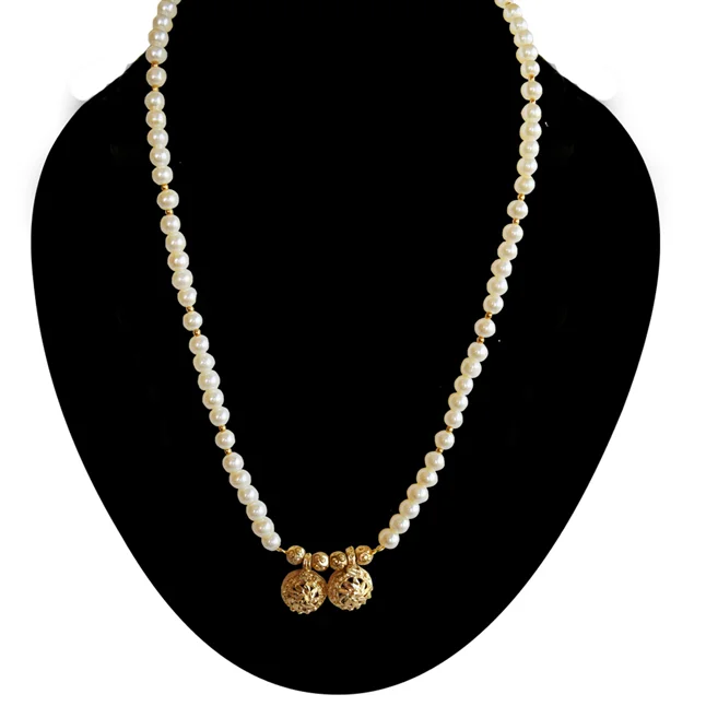 Gold Plated Vati Shaped Pendant with Single Line Shell Pearl Necklace for Women (PS609)