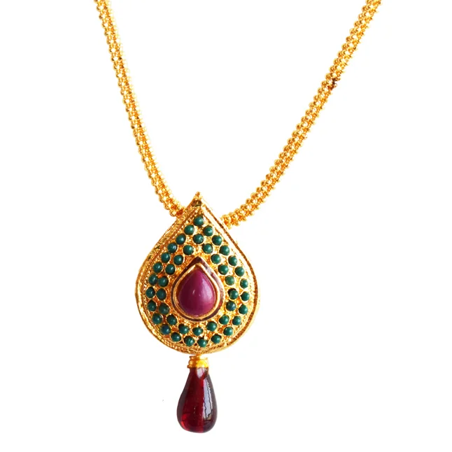 Traditional Drop Shaped Red & Green stone Gold Plated Pendant Necklace & Earring Set (PS614)