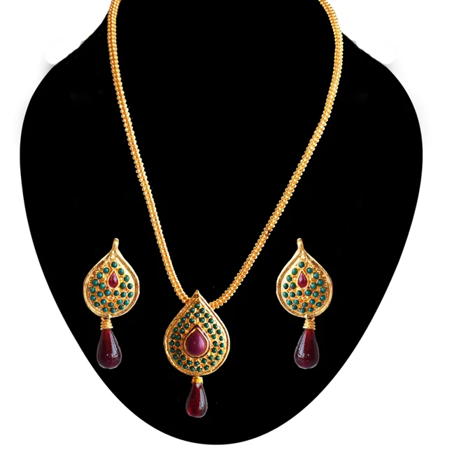 Traditional Drop Shaped Red & Green stone Gold Plated Pendant Necklace & Earring Set (PS614)