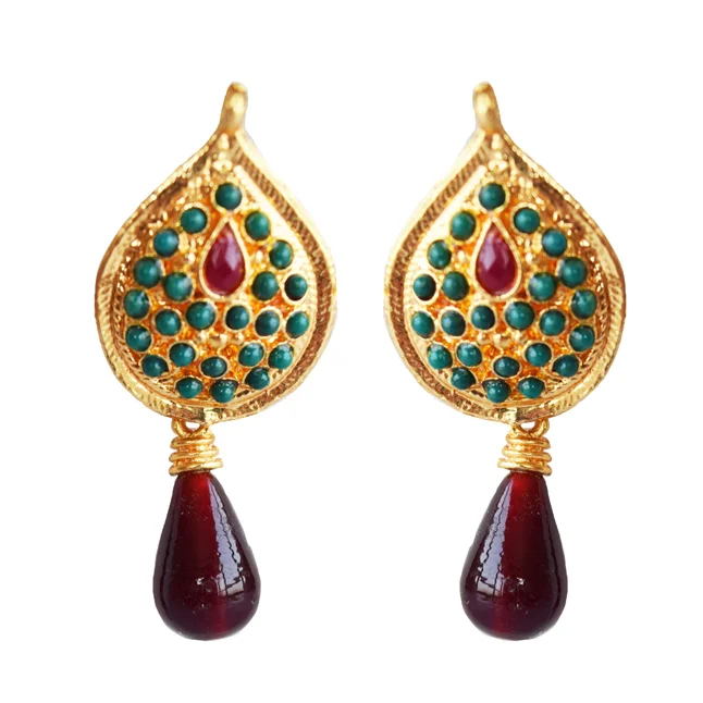 Traditional Drop Shaped Red & Green stone Gold Plated Pendant Necklace & Earring Set (PS614)