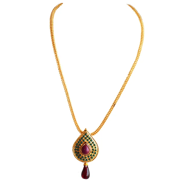 Traditional Drop Shaped Red & Green stone Gold Plated Pendant Necklace & Earring Set (PS614)