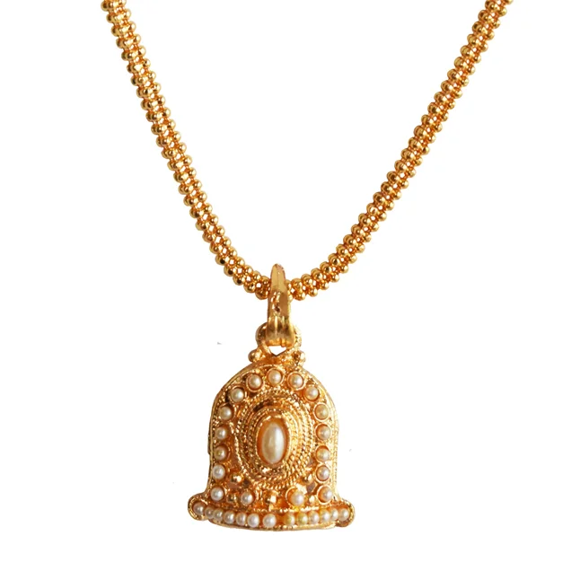 Traditional Bell Shaped White stone Gold Plated Pendant Necklace & Earring Set (PS615)