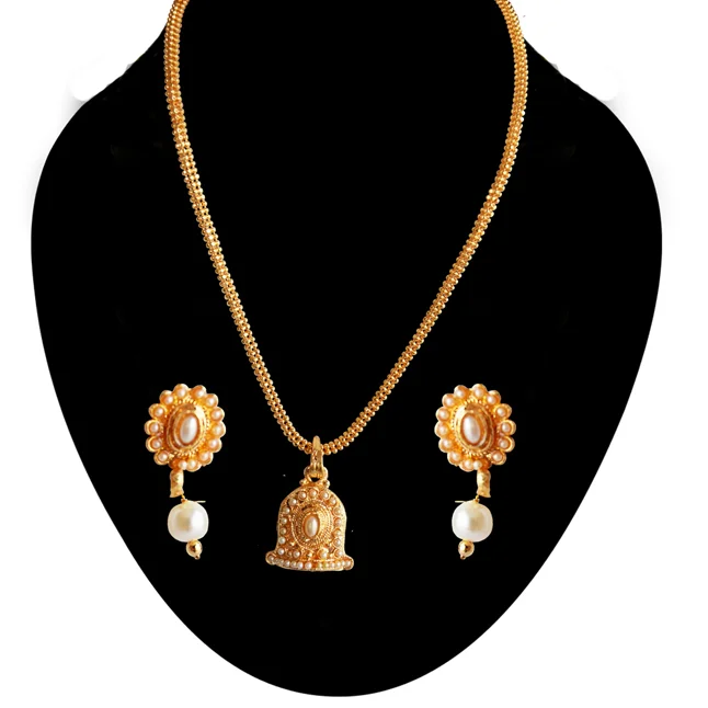Traditional Bell Shaped White stone Gold Plated Pendant Necklace & Earring Set (PS615)