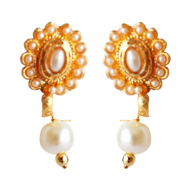 Traditional Bell Shaped White stone Gold Plated Pendant Necklace & Earring Set (PS615)