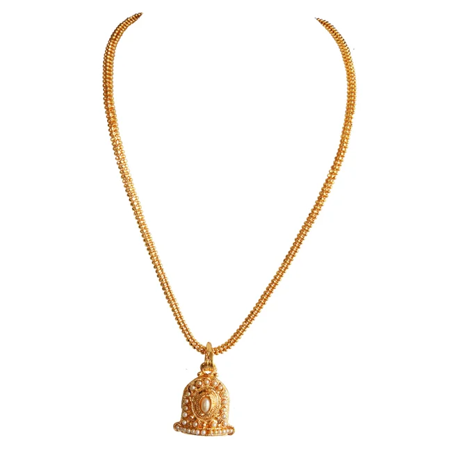 Traditional Bell Shaped White stone Gold Plated Pendant Necklace & Earring Set (PS615)