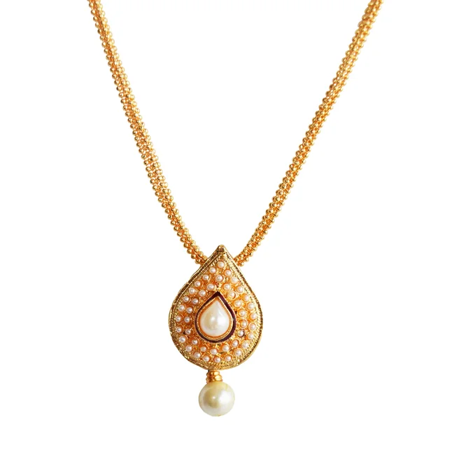 Traditional Drop Shaped White stone Gold Plated Pendant Necklace & Earring Set (PS616)