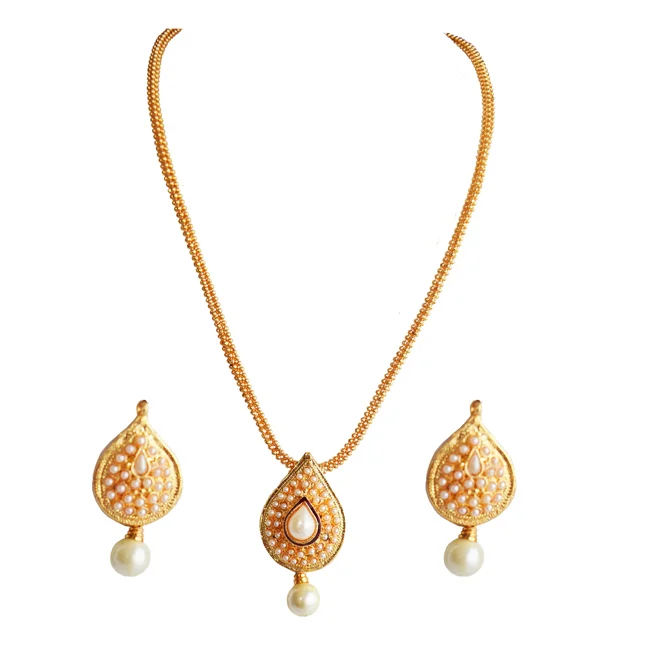 Traditional Drop Shaped White stone Gold Plated Pendant Necklace & Earring Set (PS616)