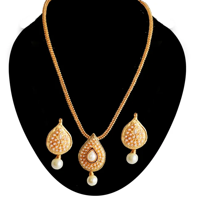 Traditional Drop Shaped White stone Gold Plated Pendant Necklace & Earring Set (PS616)