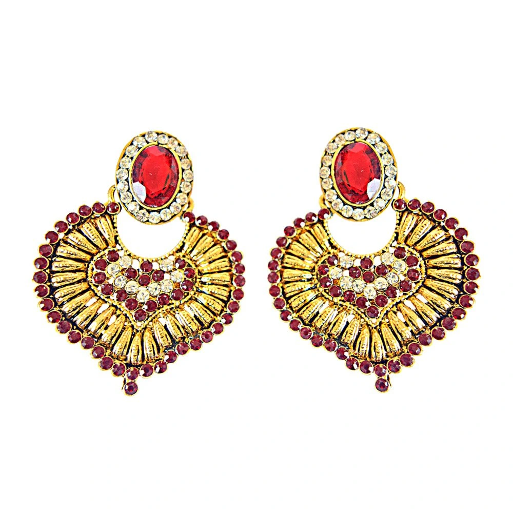 Red-White Colored Stone Gold-Plated Chandbali Earrings For Women (PSE10)